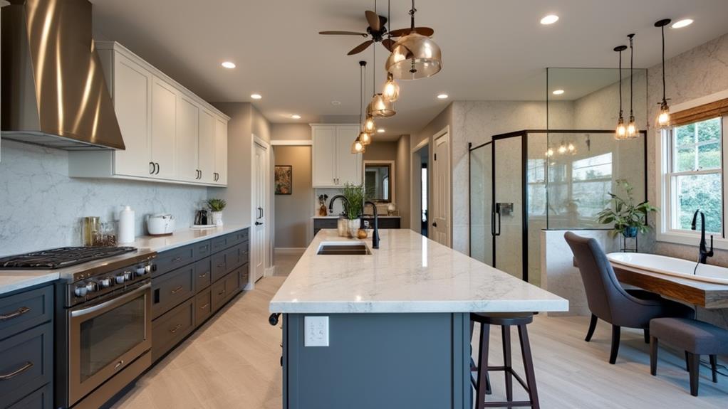 A modern kitchen with sleek appliances, quartz countertops, and stylish lighting fixtures.
